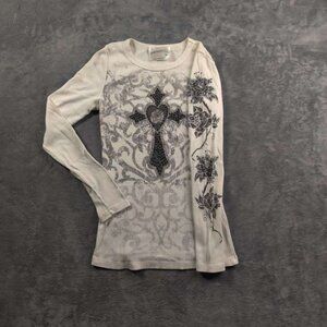 Malanalove Shirt Womens White Black Long Sleeve Thermal Bedazzle Cross Roses